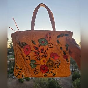 Vintage Artistic‎ Tan and Red Tote Bag with Nature Motifs